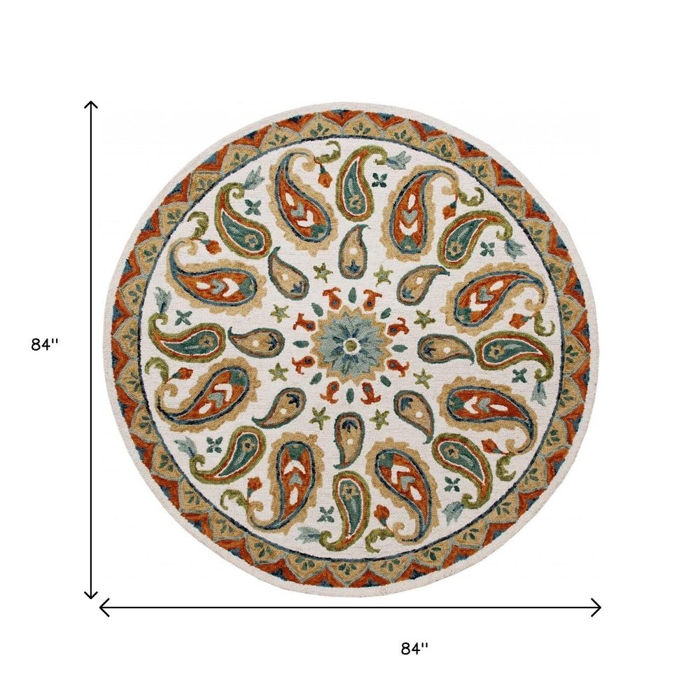 7' Round Orange and White Paisley Area Rug