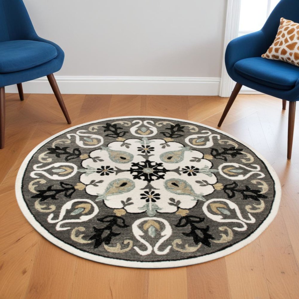 5' Gray Round Wool Hand Hooked Handmade Area Rug