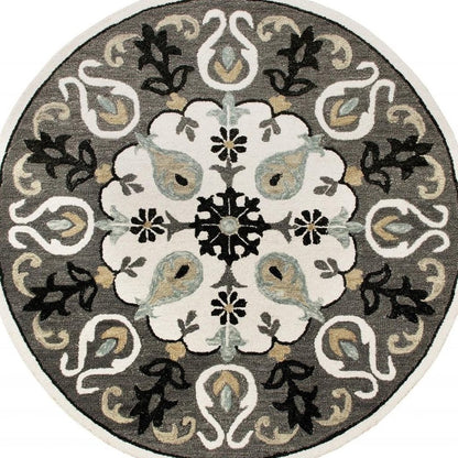 5' Gray Round Wool Hand Hooked Handmade Area Rug