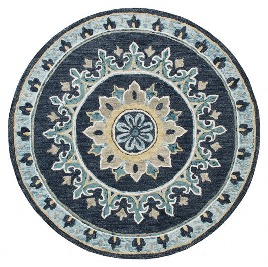 7' Round Blue Floral Medallion Area Rug