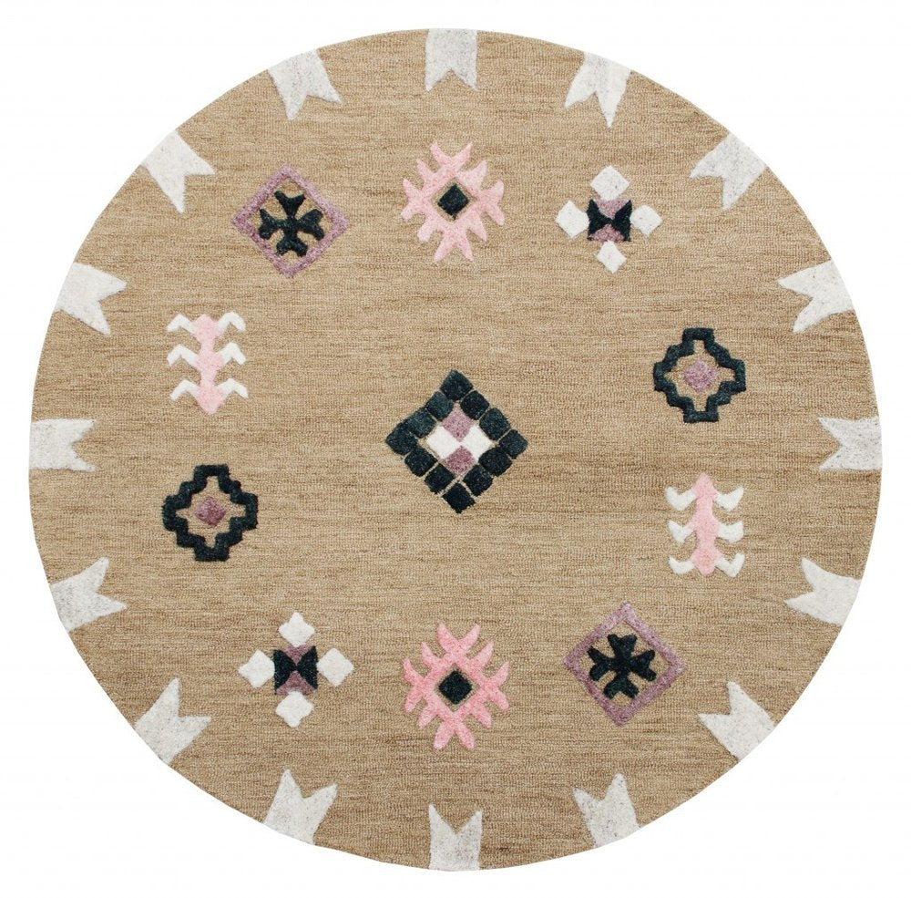 5' Taupe Round Wool Hand Hooked Handmade Area Rug