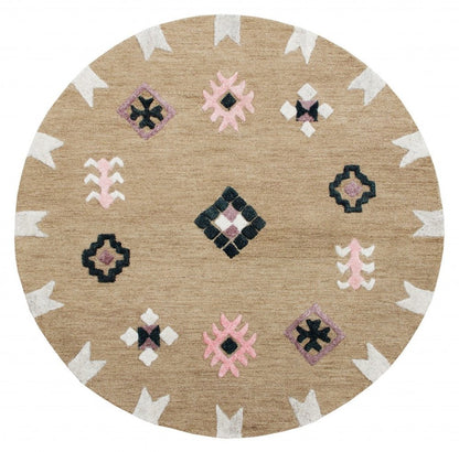 5' Taupe Round Wool Hand Hooked Handmade Area Rug