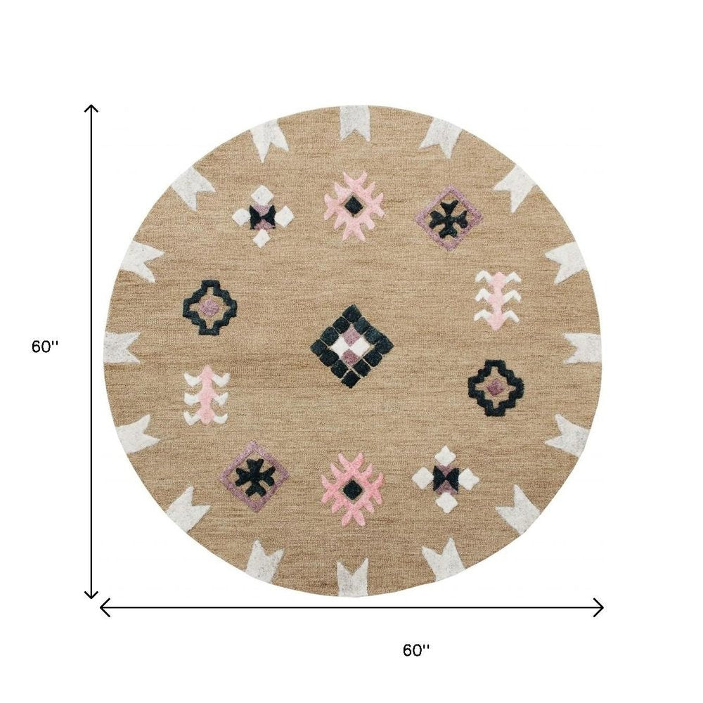 5' Taupe Round Wool Hand Hooked Handmade Area Rug
