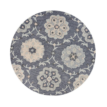 7' Blue And Gray Round Wool Hand Tufted Area Rug
