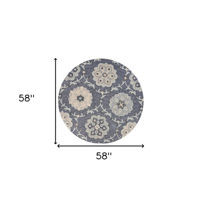7' Blue And Gray Round Wool Hand Tufted Area Rug