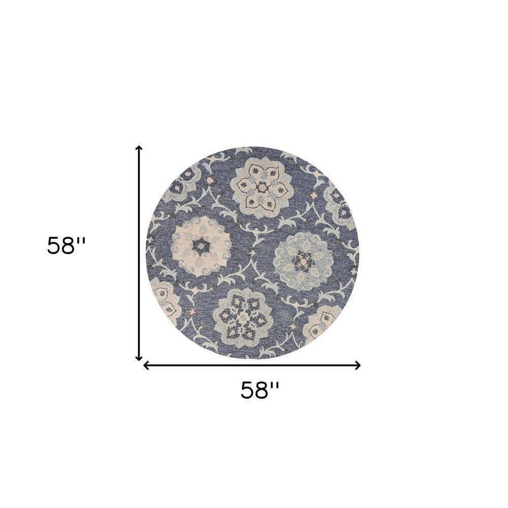 7' Blue And Gray Round Wool Hand Tufted Area Rug