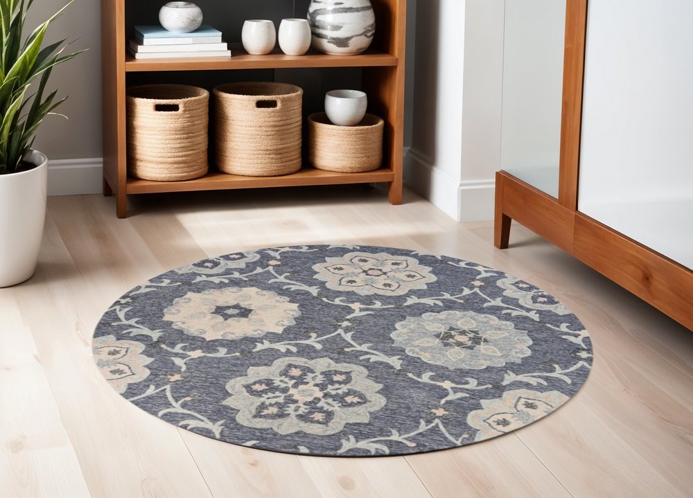 7' Blue And Gray Round Wool Hand Tufted Area Rug