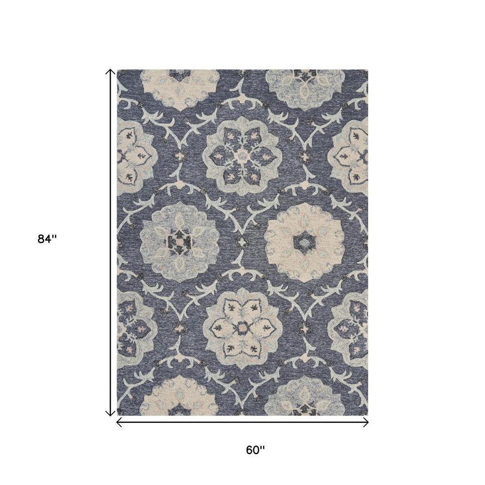 7' Blue And Gray Round Wool Hand Tufted Area Rug