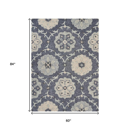 7' Blue And Gray Round Wool Hand Tufted Area Rug