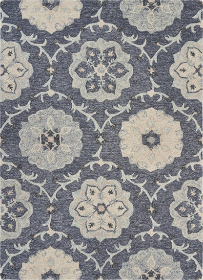 7' Blue And Gray Round Wool Hand Tufted Area Rug