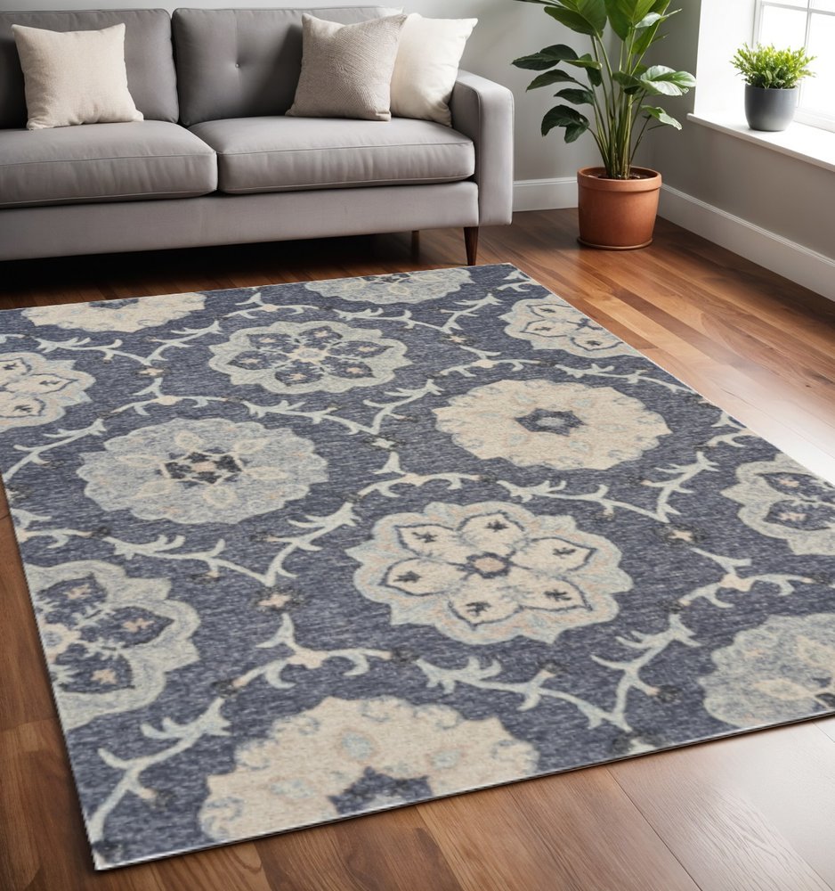 7' Blue And Gray Round Wool Hand Tufted Area Rug