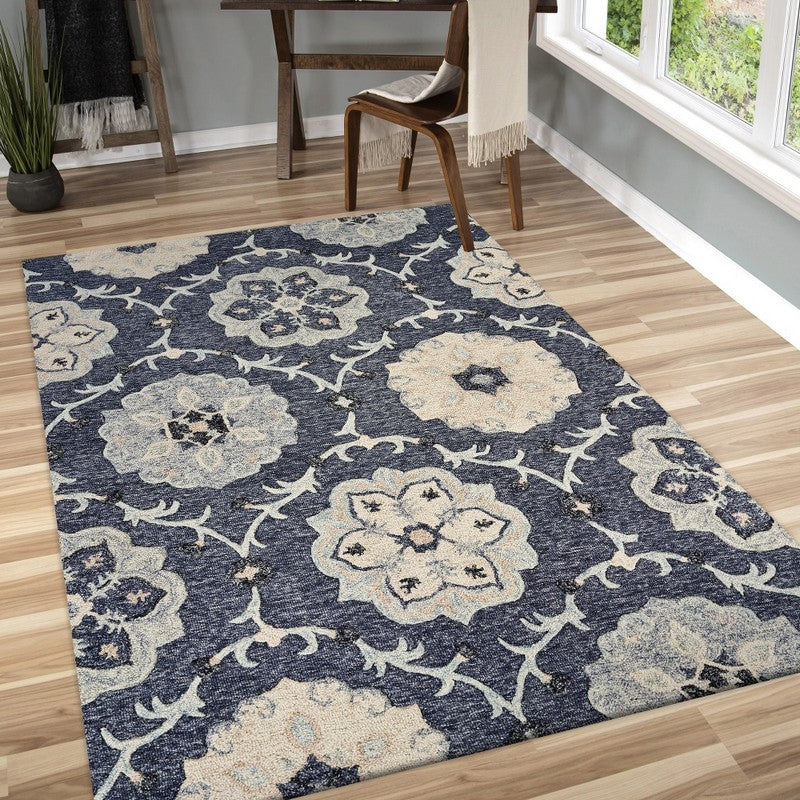 5' Blue And Gray Round Wool Hand Tufted Area Rug