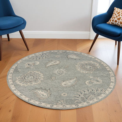 5' Gray Round Wool Hand Tufted Area Rug