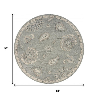 5' Gray Round Wool Hand Tufted Area Rug