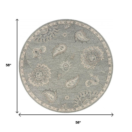 5' Gray Round Wool Hand Tufted Area Rug