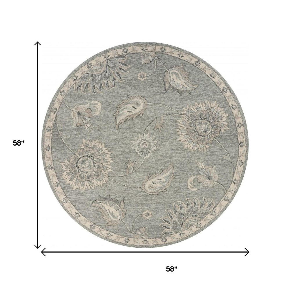 5' Gray Round Wool Hand Tufted Area Rug