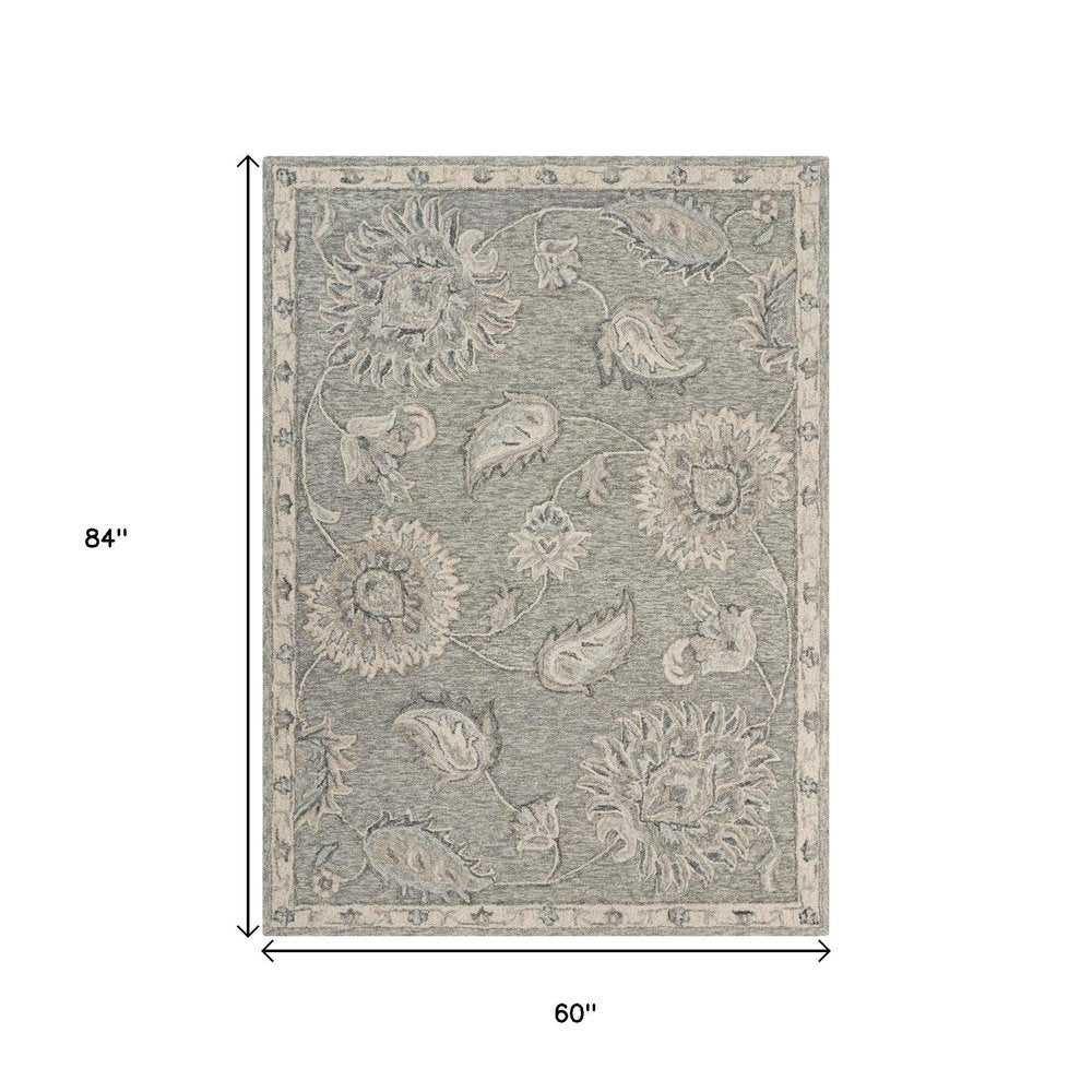 5' Gray Round Wool Hand Tufted Area Rug