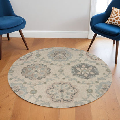 5' Blue And Ivory Round Wool Hand Tufted Area Rug