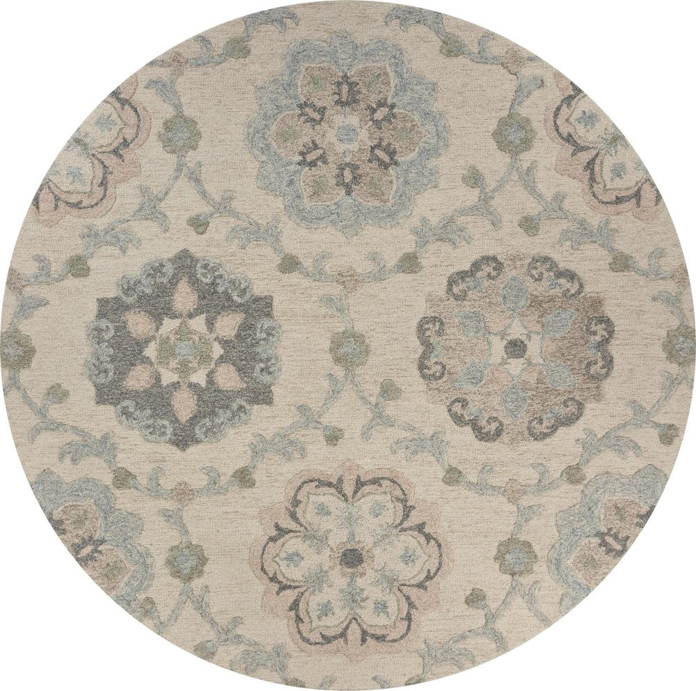 7' Ivory And Blue Wool Hand Tufted Round Rug