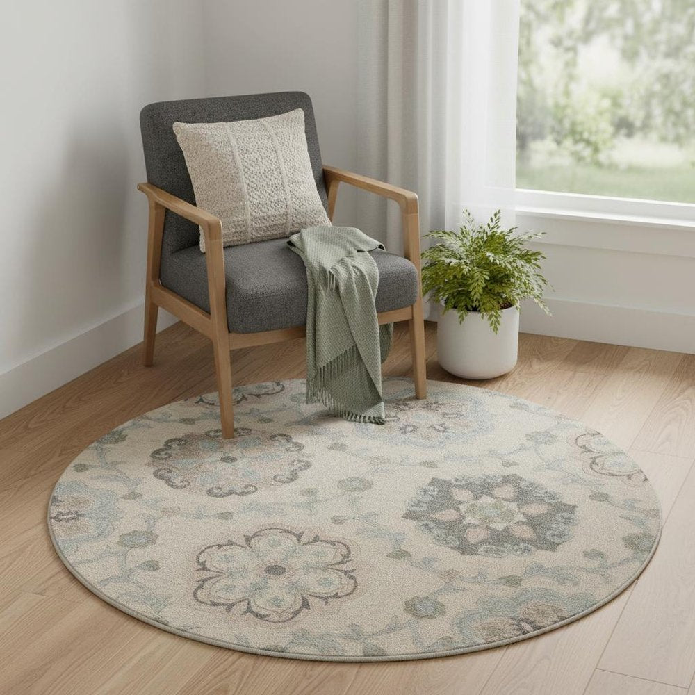 7' Ivory And Blue Wool Hand Tufted Round Rug