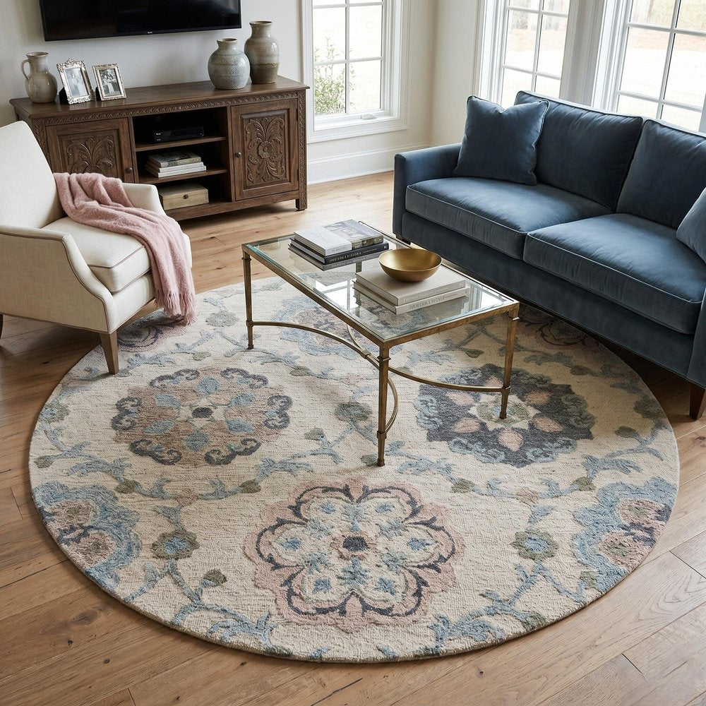 7' X 9' Blue And Ivory Wool Hand Tufted Area Rug