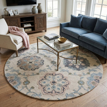 7' Ivory And Blue Wool Hand Tufted Round Rug