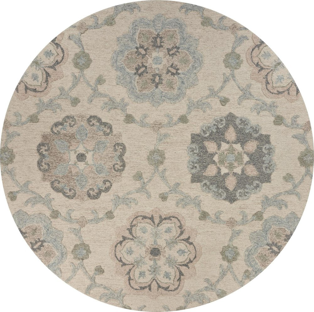 7' Ivory And Blue Wool Hand Tufted Round Rug