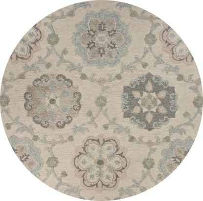 7' Ivory And Blue Wool Hand Tufted Round Rug