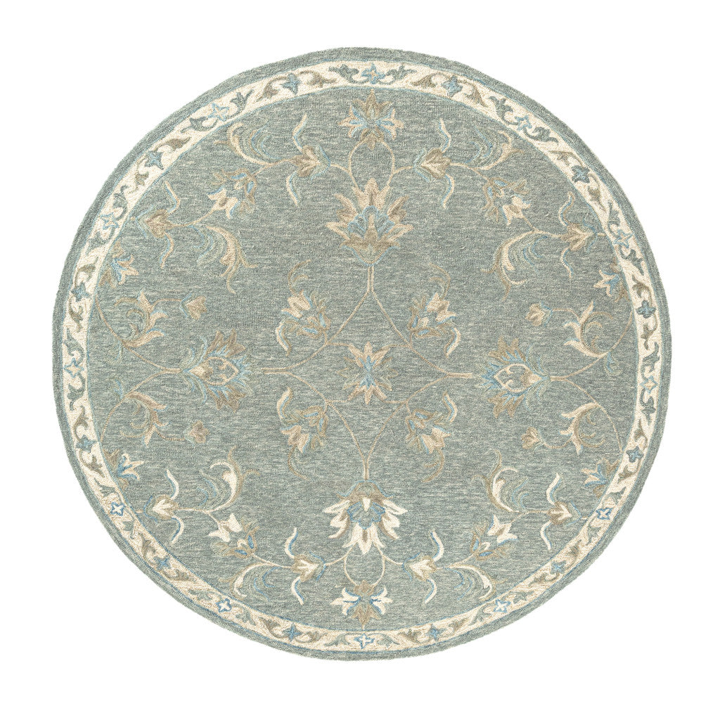 5' Blue And Ivory Round Wool Hand Tufted Area Rug