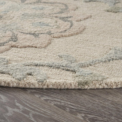 7' Ivory And Blue Wool Hand Tufted Round Rug