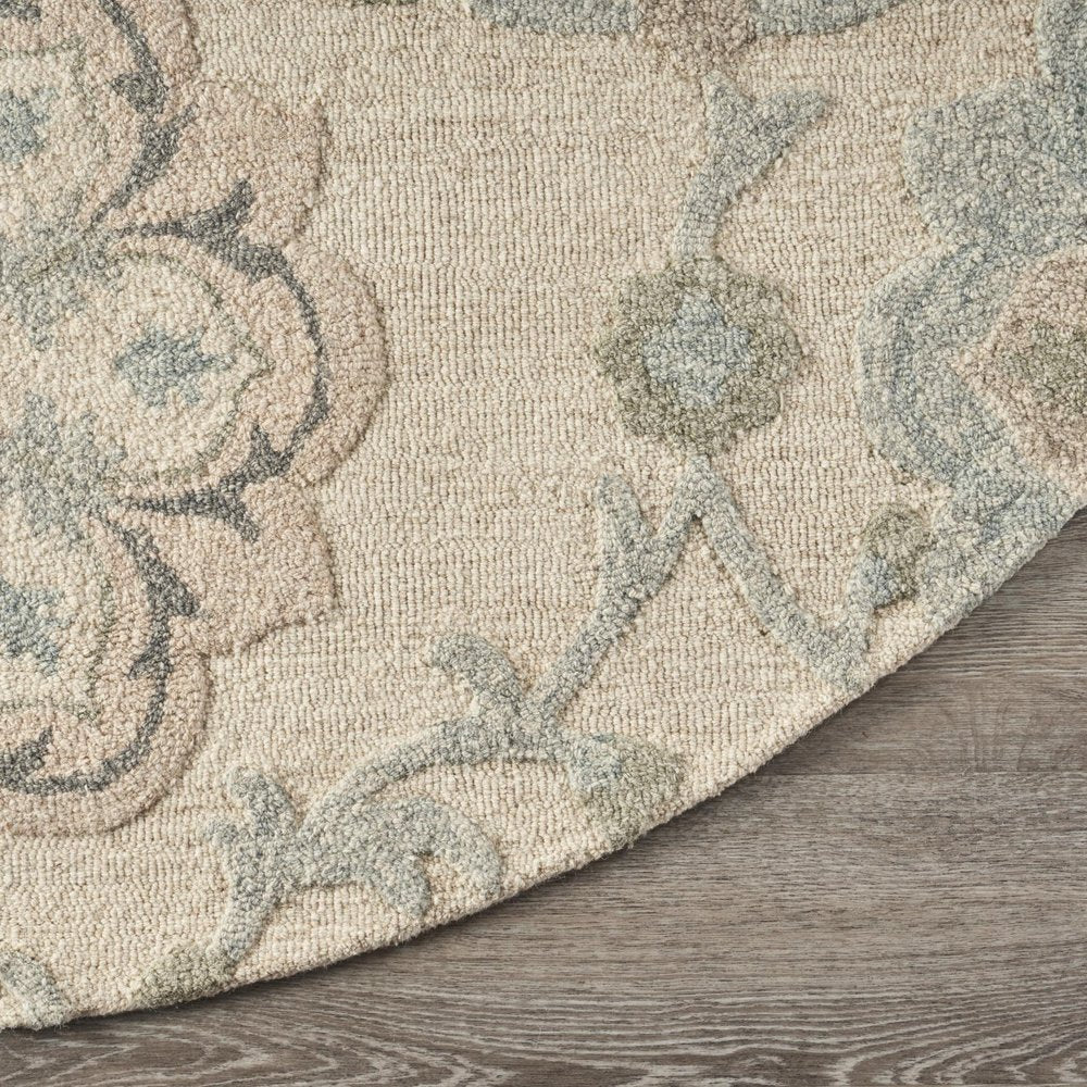7' Ivory And Blue Wool Hand Tufted Round Rug
