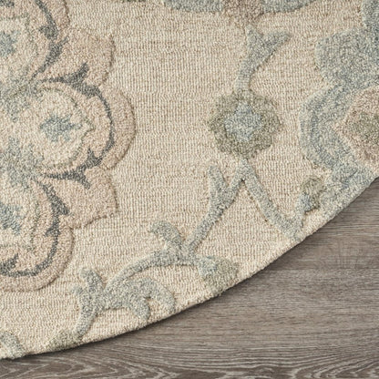 7' Ivory And Blue Wool Hand Tufted Round Rug