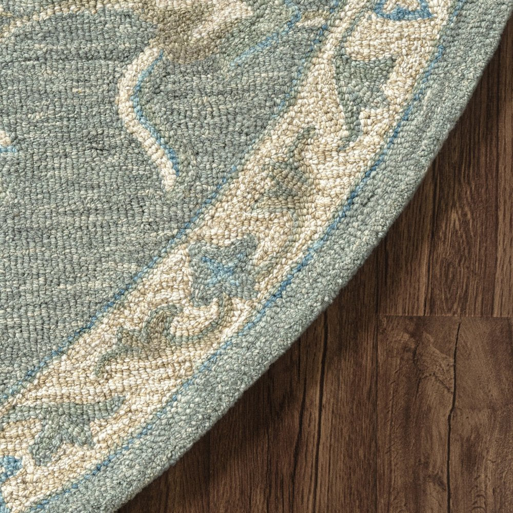 5' Blue And Ivory Round Wool Hand Tufted Area Rug