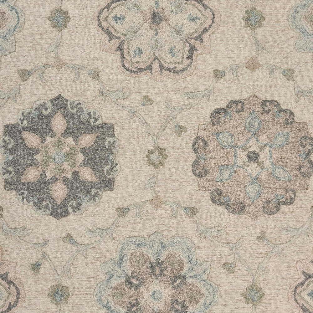 7' Ivory And Blue Wool Hand Tufted Round Rug