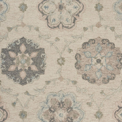 7' Ivory And Blue Wool Hand Tufted Round Rug