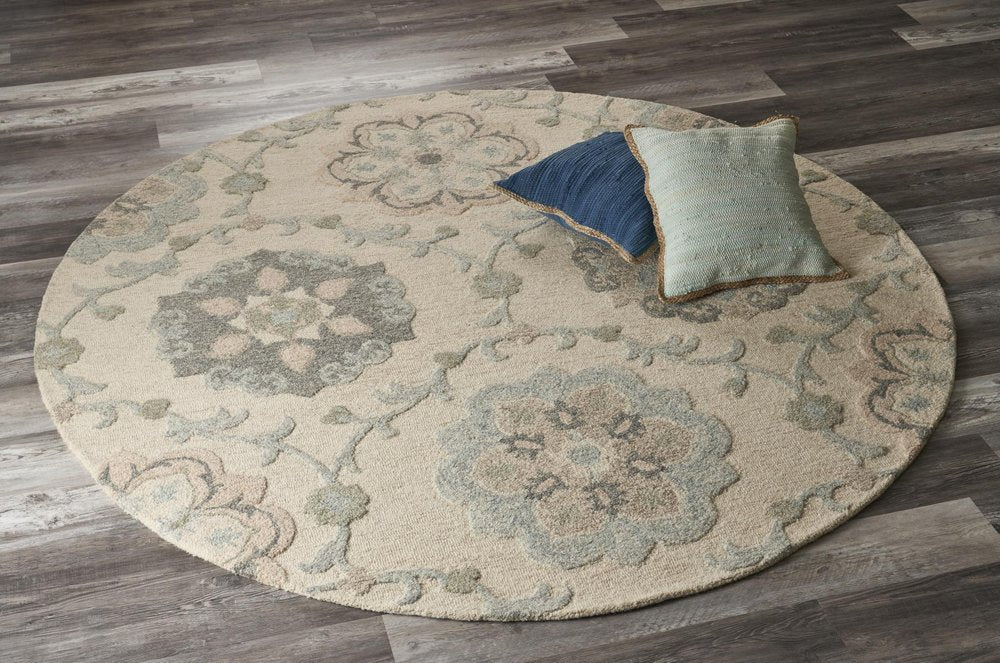 7' Ivory And Blue Wool Hand Tufted Round Rug