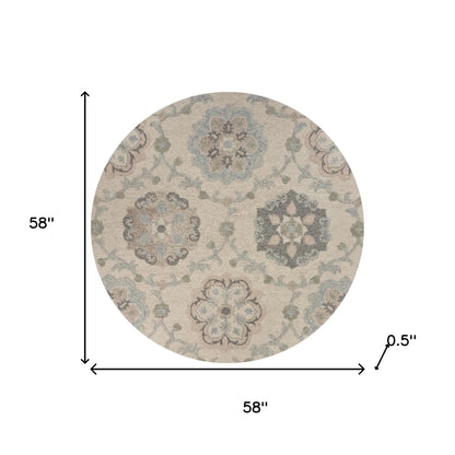 5' Blue And Ivory Round Wool Hand Tufted Area Rug