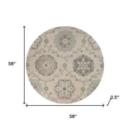 7' Ivory And Blue Wool Hand Tufted Round Rug