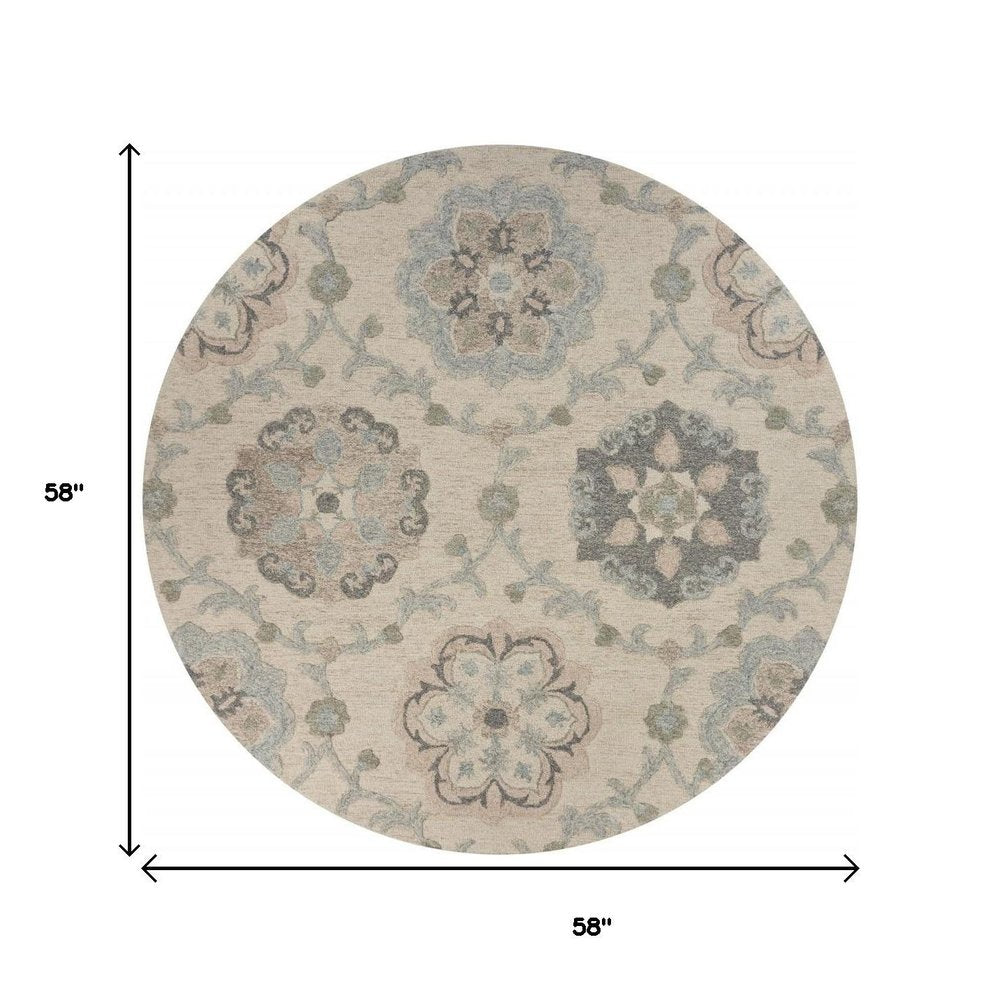 5' Blue And Ivory Round Wool Hand Tufted Area Rug