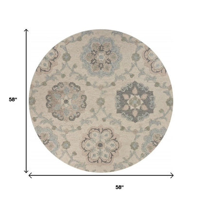 5' Blue And Ivory Round Wool Hand Tufted Area Rug