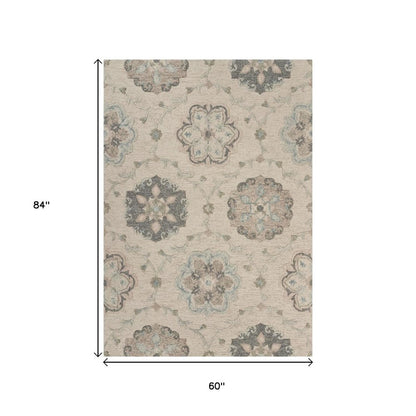 7' Ivory And Blue Wool Hand Tufted Round Rug