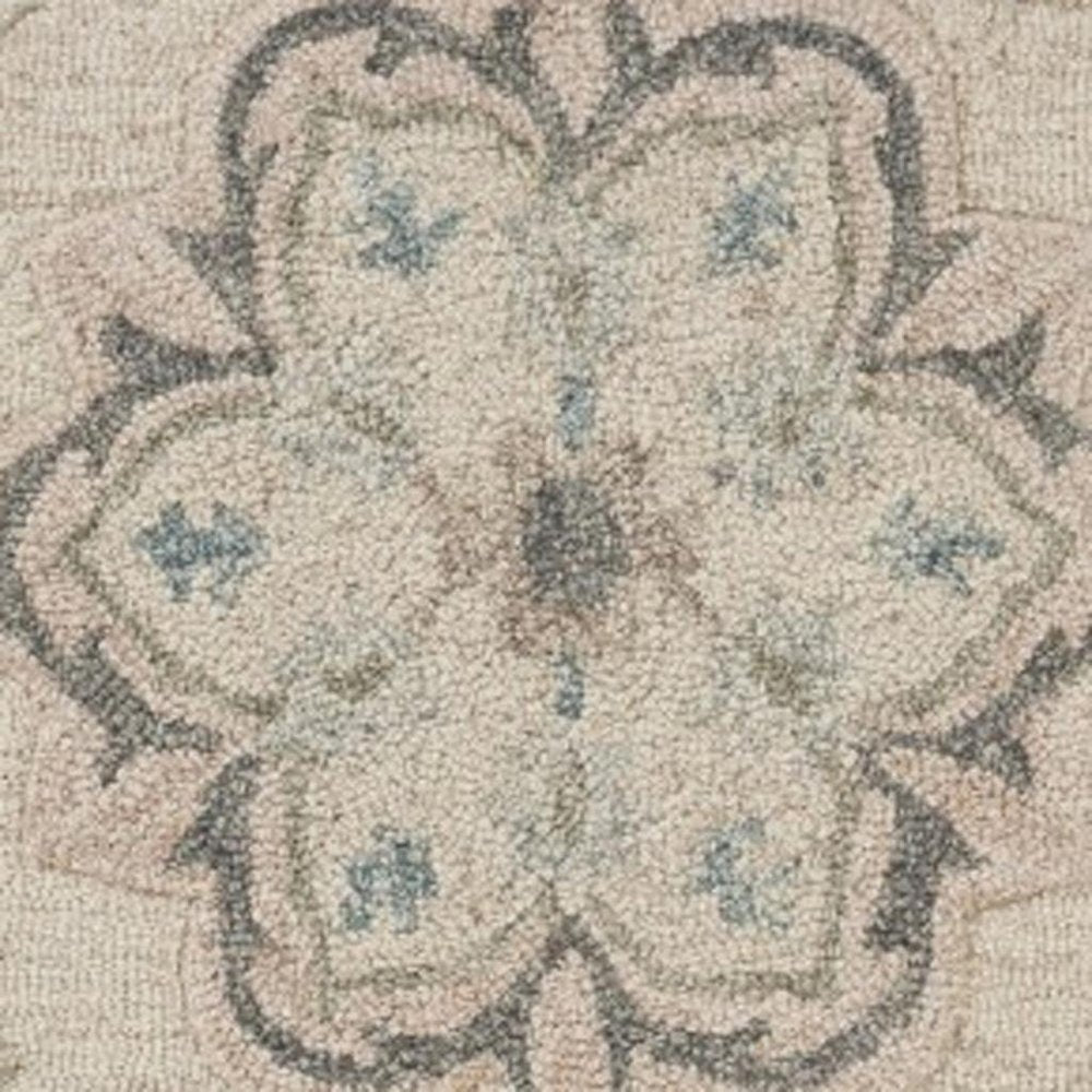 7' Ivory And Blue Wool Hand Tufted Round Rug
