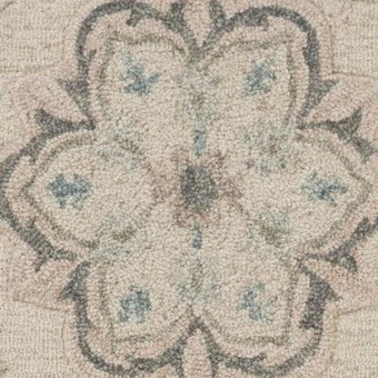 7' Ivory And Blue Wool Hand Tufted Round Rug