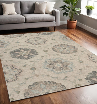 7' Ivory And Blue Wool Hand Tufted Round Rug