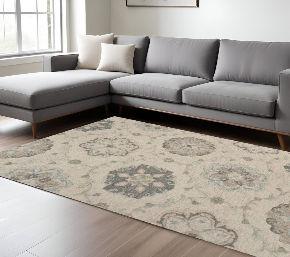 7' Ivory And Blue Wool Hand Tufted Round Rug