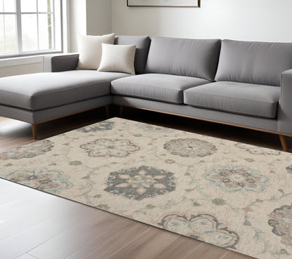 7' Ivory And Blue Wool Hand Tufted Round Rug
