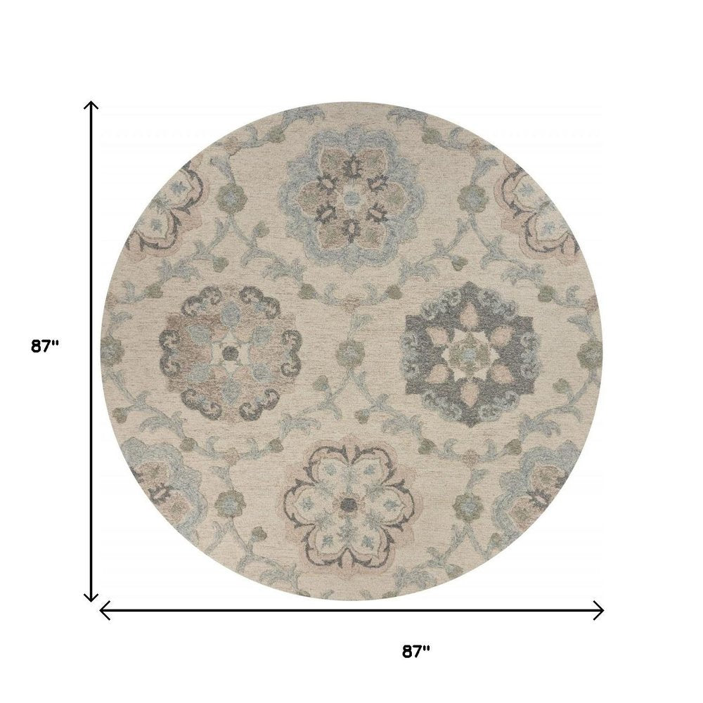 7' Ivory And Blue Wool Hand Tufted Round Rug