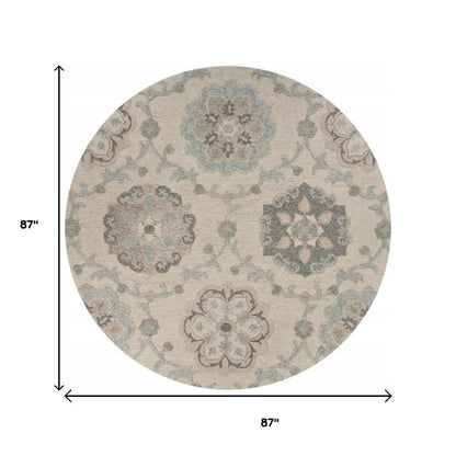 7' Ivory And Blue Wool Hand Tufted Round Rug