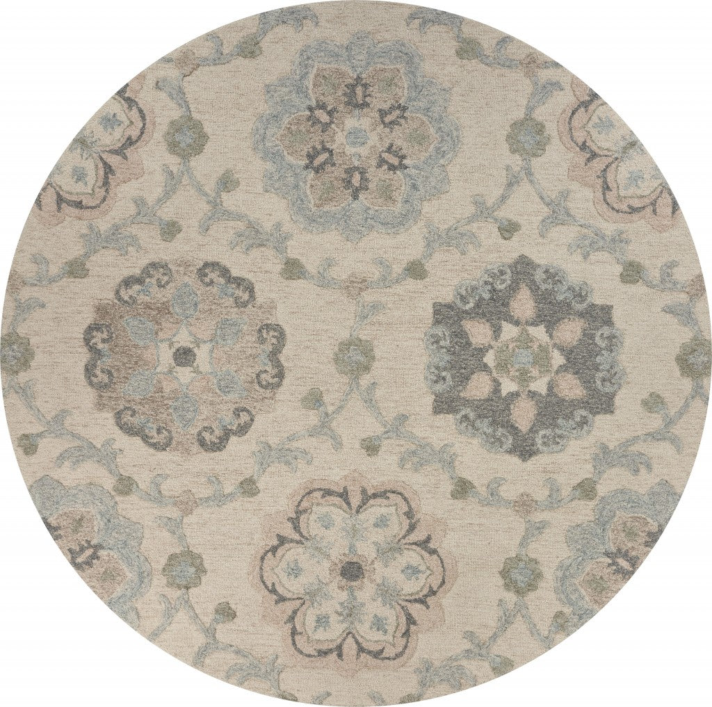 5' Blue And Ivory Round Wool Hand Tufted Area Rug