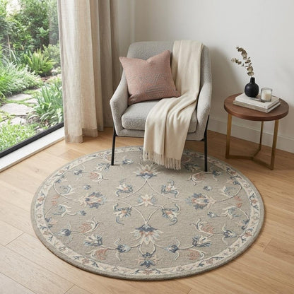 7' Gray Round Wool Hand Tufted Area Rug